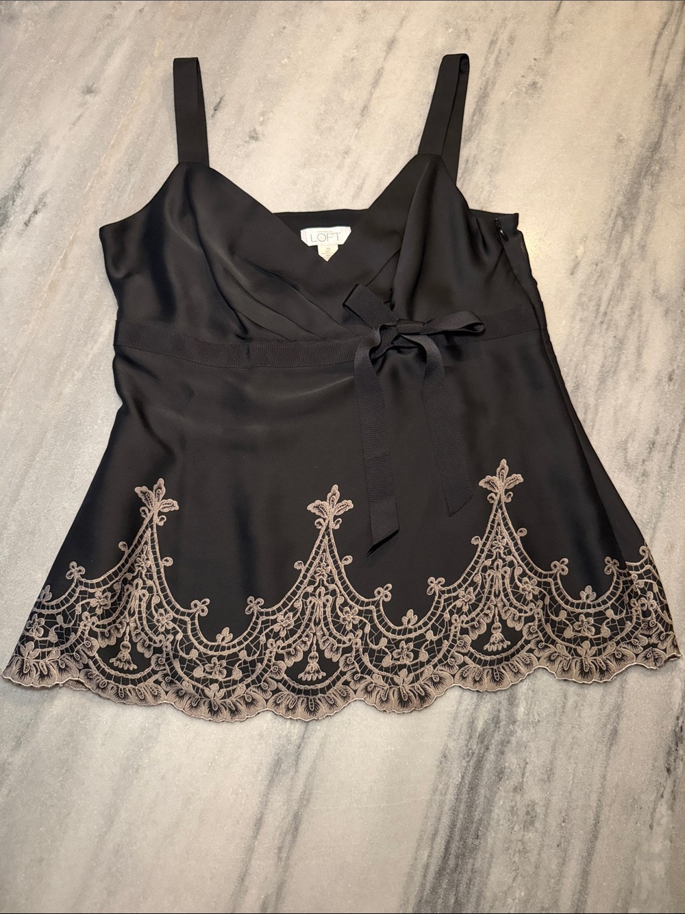 LOFT Black Camisole with Cream Lace Hem and Waist Tie